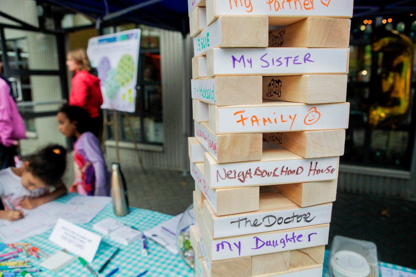 Jenga with family and community labels